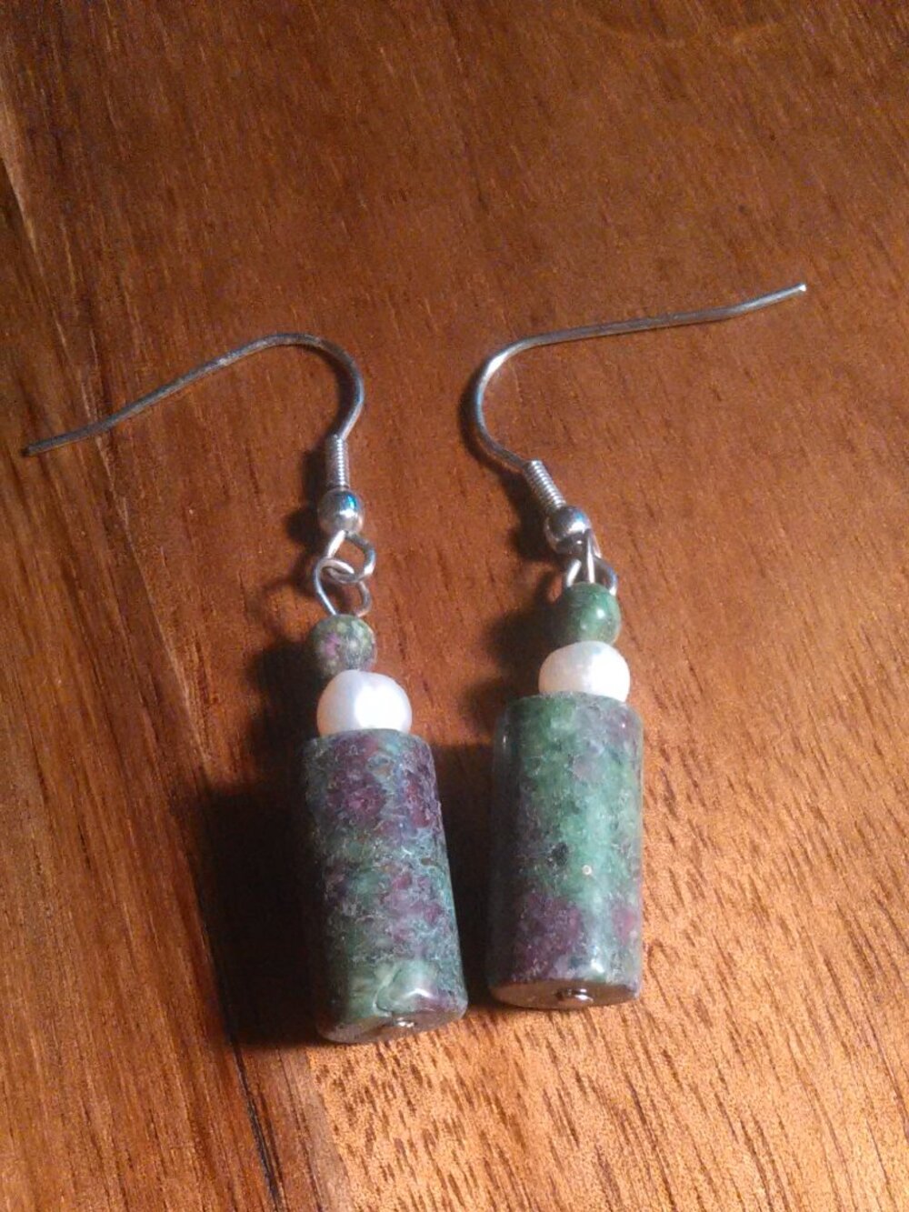Ruby Zoisite And White Pearl Barrel Design Dangle Earrings